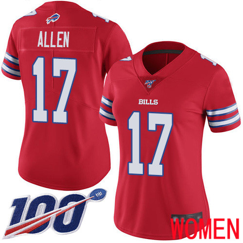 Women Buffalo Bills #17 Josh Allen Limited Red Rush Vapor Untouchable 100th Season NFL Jersey